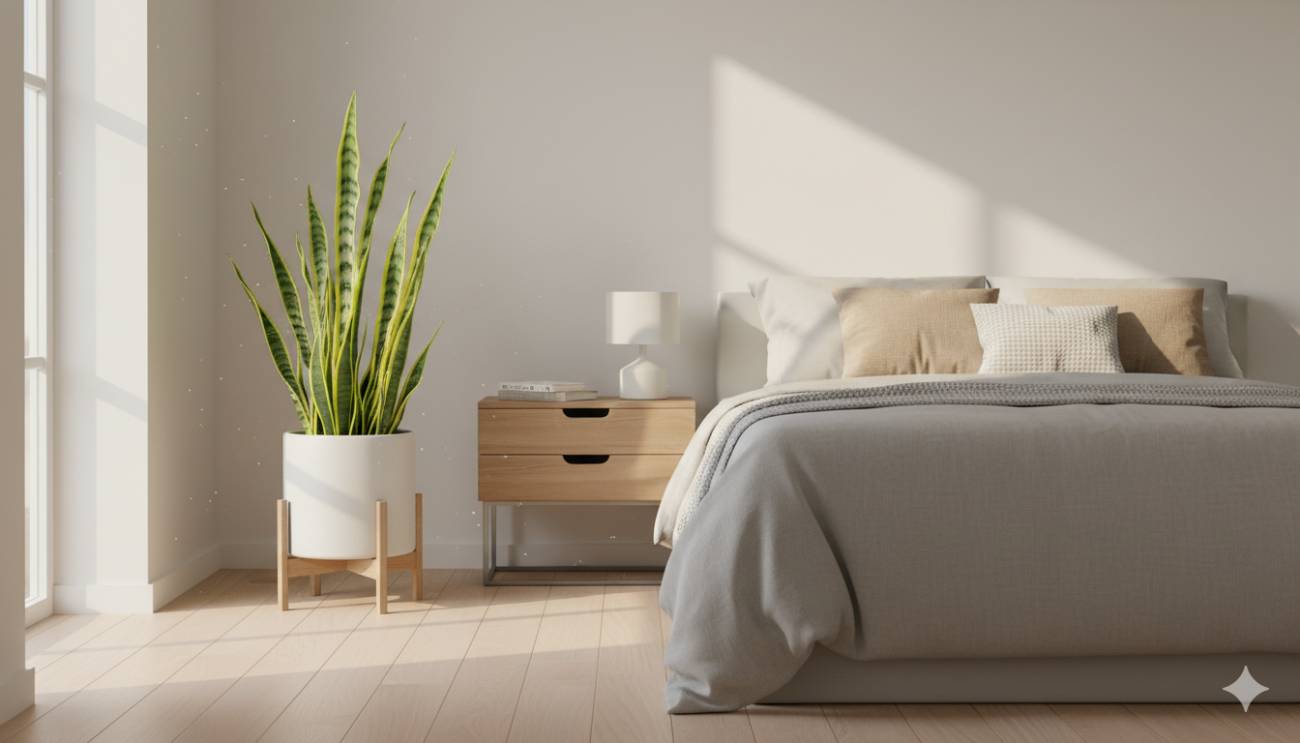 Una planta de Lengua de Suegra en una maceta junto a una cama, ilustrando su beneficio como planta ideal para purificar el aire del dormitorio.