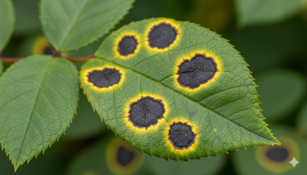 Primer plano de una hoja de rosal con síntomas claros de Mancha Negra: manchas negras circulares rodeadas por un halo amarillo.