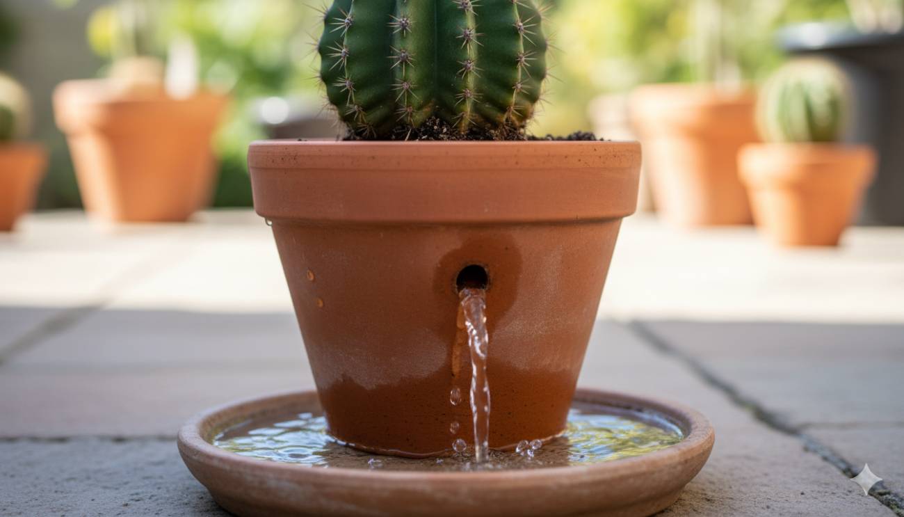 Agua drenando libremente por la base de una maceta de cactus, demostrando la técnica de riego a fondo del método "empapar y secar".