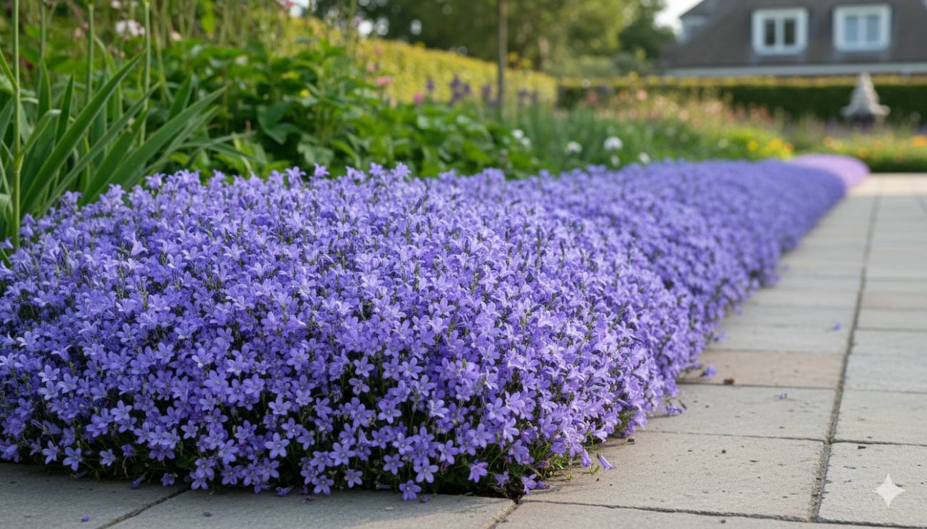 Masa compacta de Campanula carpatica con flores azules en forma de copa, utilizada como un borde ordenado en un arriate de jardín.