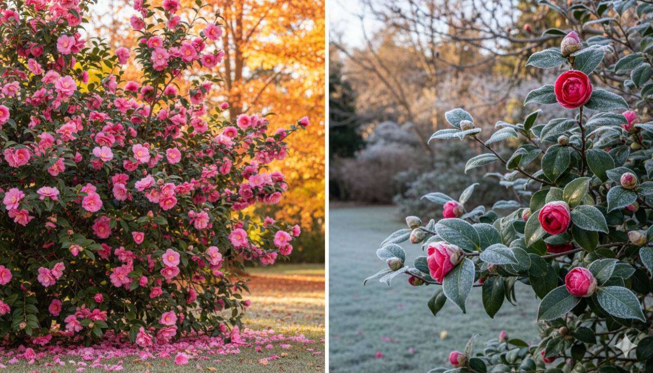 Comparativa visual entre una Camelia sasanqua floreciendo en otoño y una Camelia japonica con capullos en invierno, mostrando su diferente estación de floración.