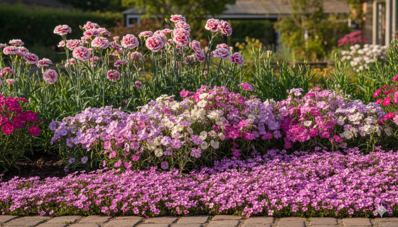 Composición de jardín mostrando diferentes tipos de Dianthus: el clavel clásico alto, la clavelina tapizante y el clavel del poeta de altura media.
