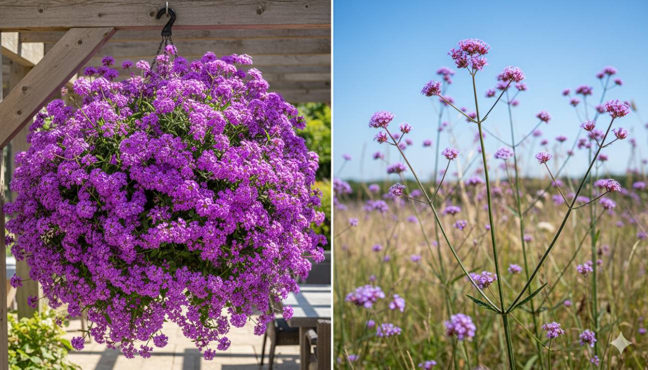Comparativa visual entre la Verbena híbrida colgante, ideal para macetas, y la alta y estructural Verbena bonariensis, para arriates.