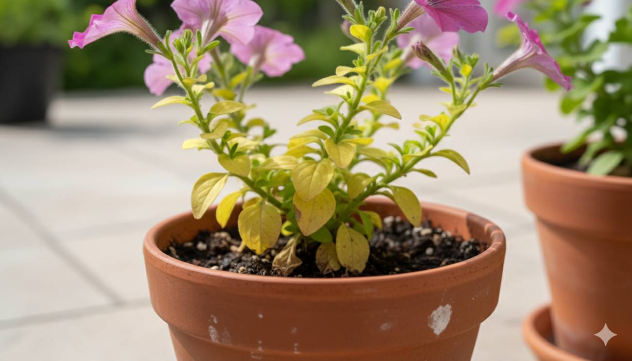 Planta de petunia con hojas inferiores amarillas, un síntoma clásico de deficiencia de nutrientes o exceso de riego.