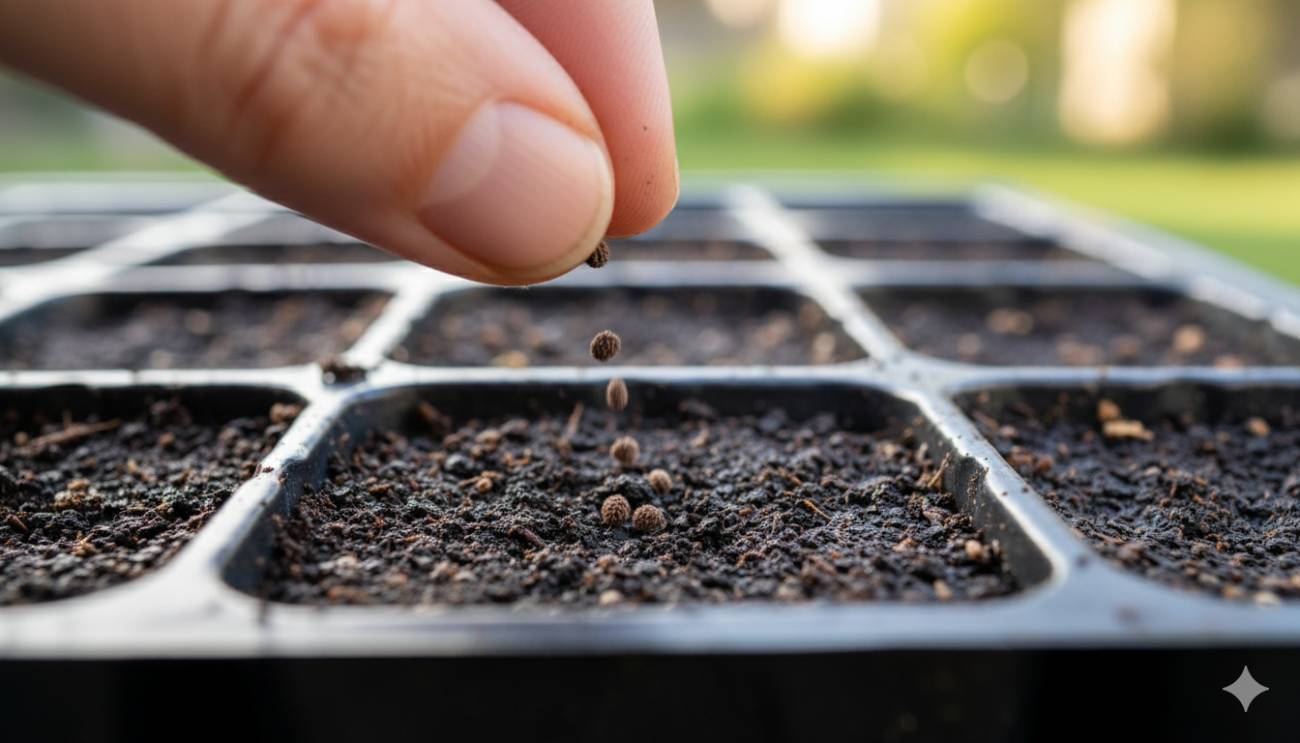 Siembra de semillas de Boca de Dragón en un semillero, mostrando cómo se esparcen sobre la superficie del sustrato.