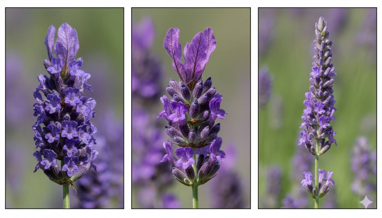 Comparativa visual de las flores de Lavanda Inglesa, Lavanda Española y Lavandín, mostrando sus diferentes formas y estructuras.