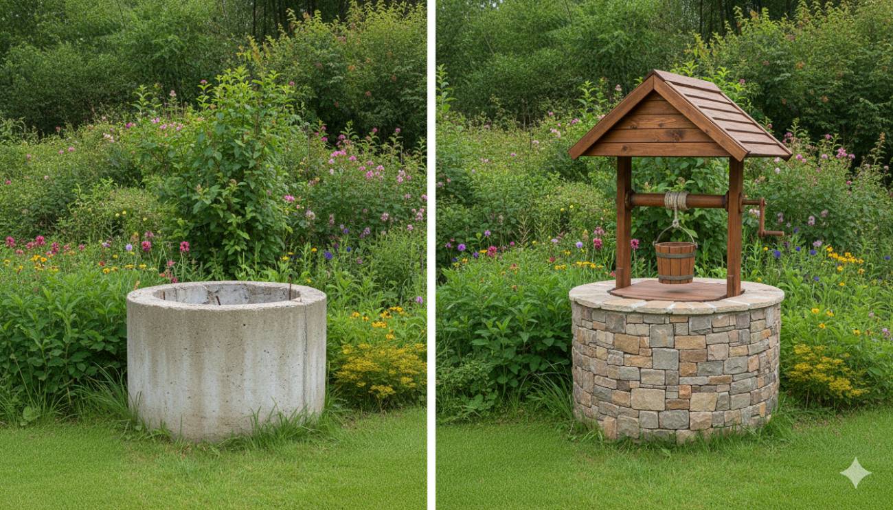 Comparativa del antes y después de un pozo de jardín, mostrando la transformación de un brocal de hormigón a uno revestido de piedra rústica.