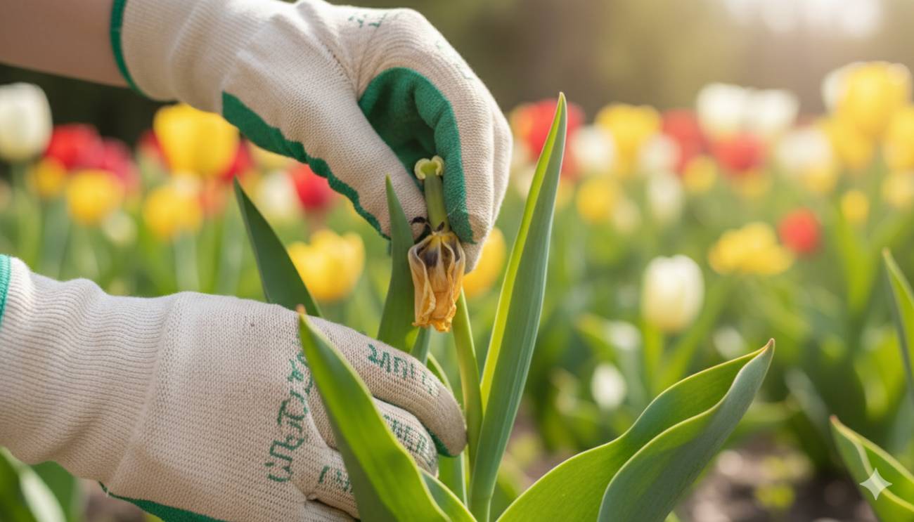 Proceso de "deadheading" de un tulipán, mostrando cómo se retira la flor marchita para evitar la formación de semillas y recargar el bulbo.