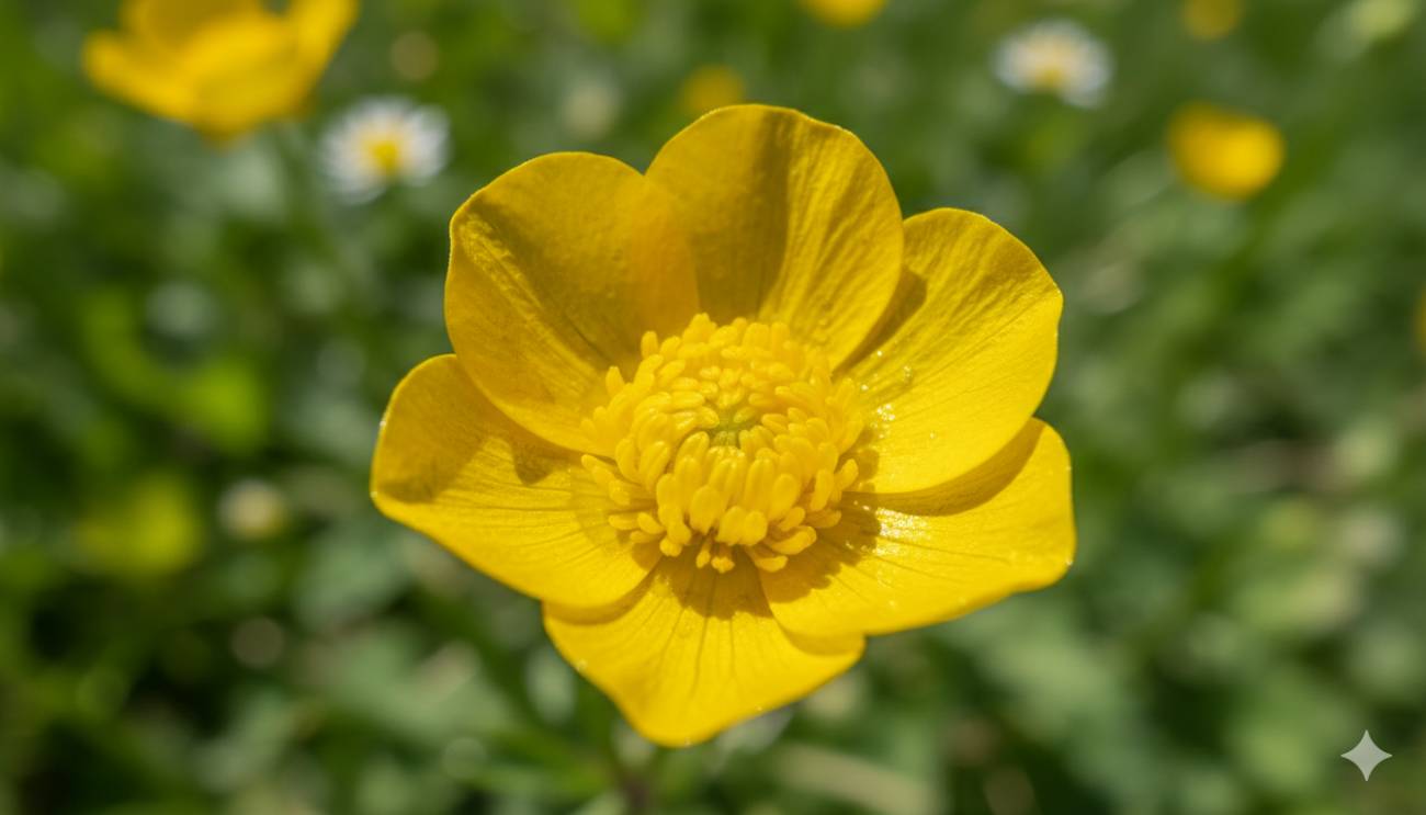 Primer plano de una flor de Botón de Oro (Ranunculus) mostrando el característico brillo ceroso de sus pétalos amarillos bajo el sol.