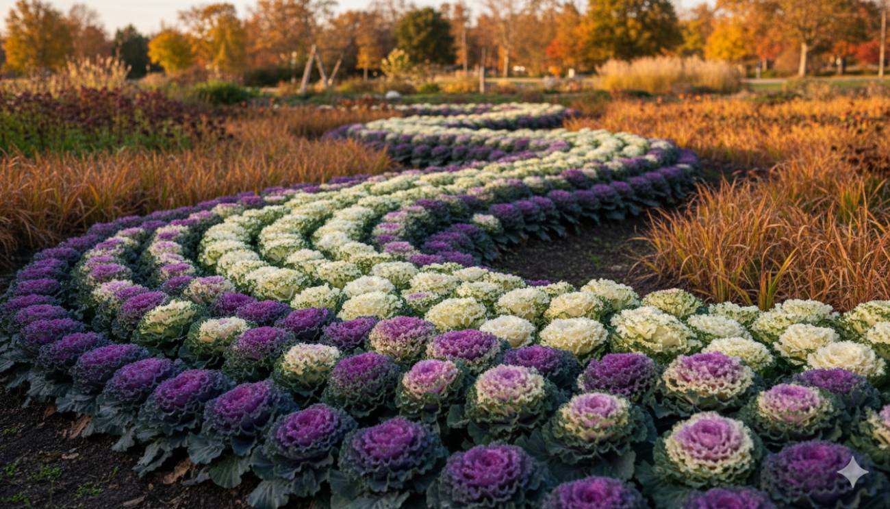 Arriate de jardín con una plantación masiva de coles ornamentales de colores, mostrando el impacto del diseño en grupo.