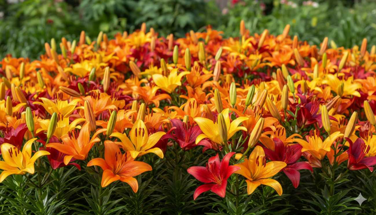 Grupo de lirios asiáticos de colores naranja y amarillo, destacando su floración erguida y sin fragancia.