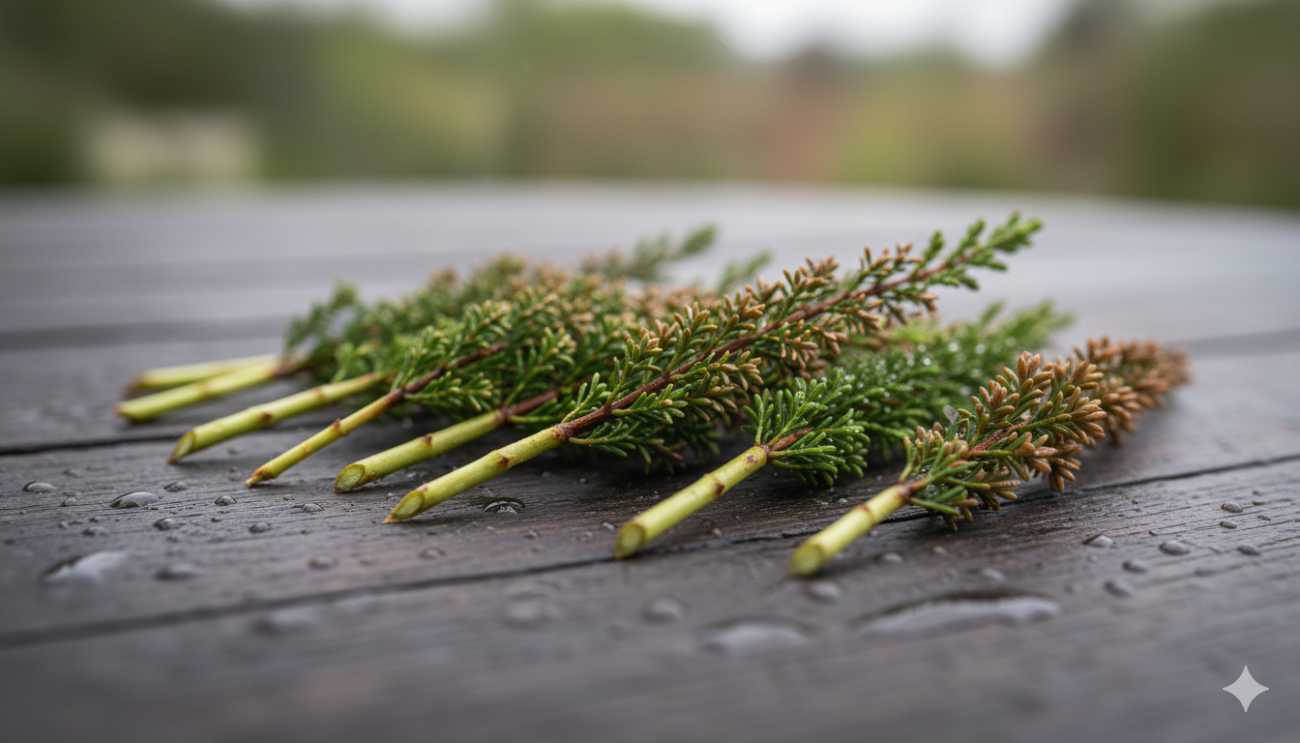 Esquejes de Brecina (Calluna vulgaris) preparados para el enraizamiento, mostrando el tallo limpio de hojas en la base.