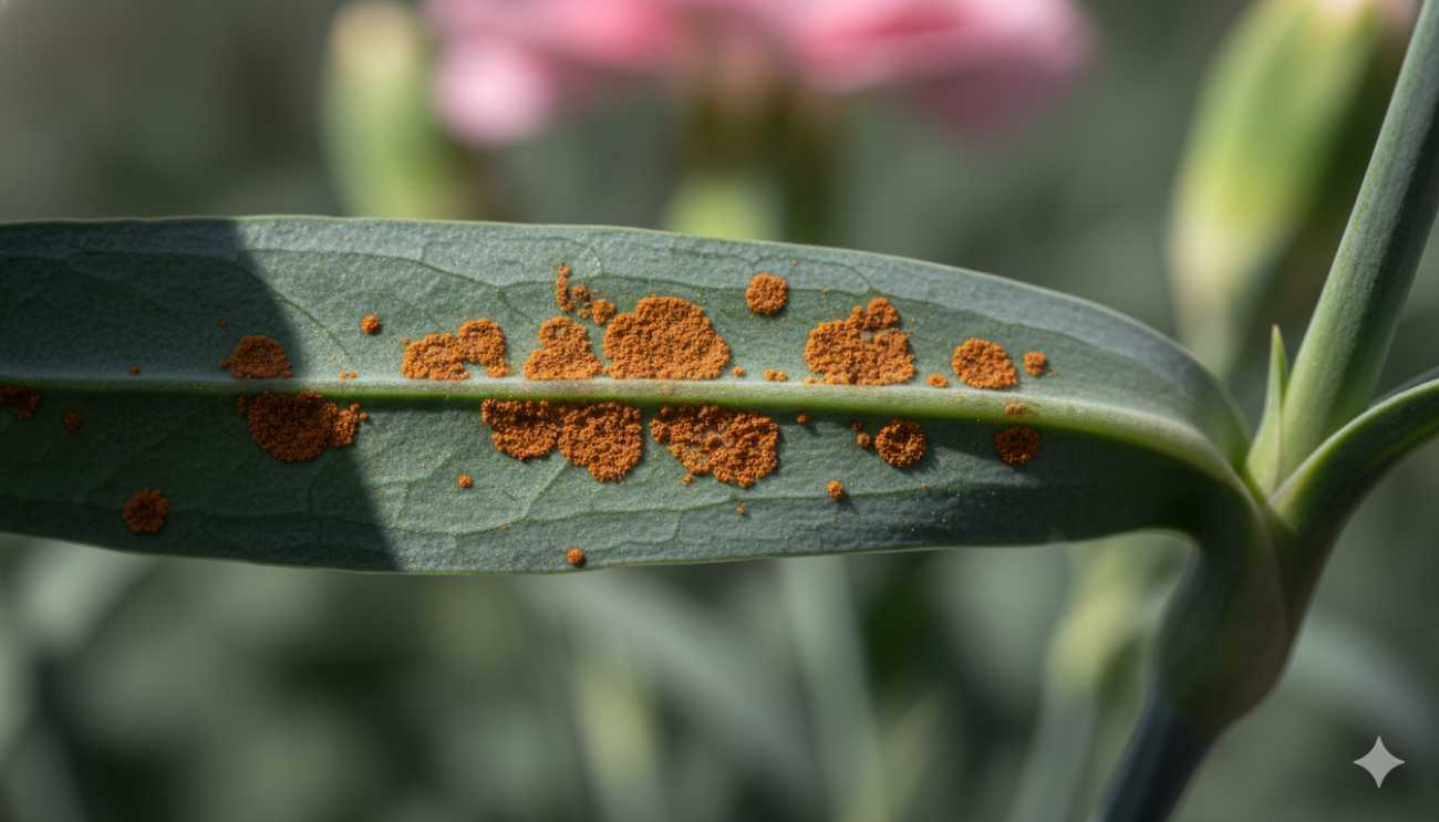 Detalle macro de roya del clavel (Uromyces) mostrando las pústulas anaranjadas en el envés de la hoja.