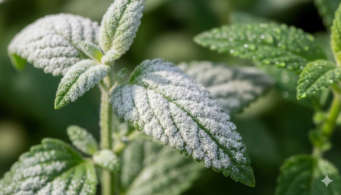 Detalle macro de oídio en hojas de verbena, mostrando el característico polvo blanco fúngico.