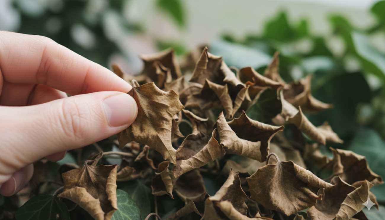 Hiedra con hojas secas y marrones mostrando síntomas de deshidratación o estrés ambiental.
