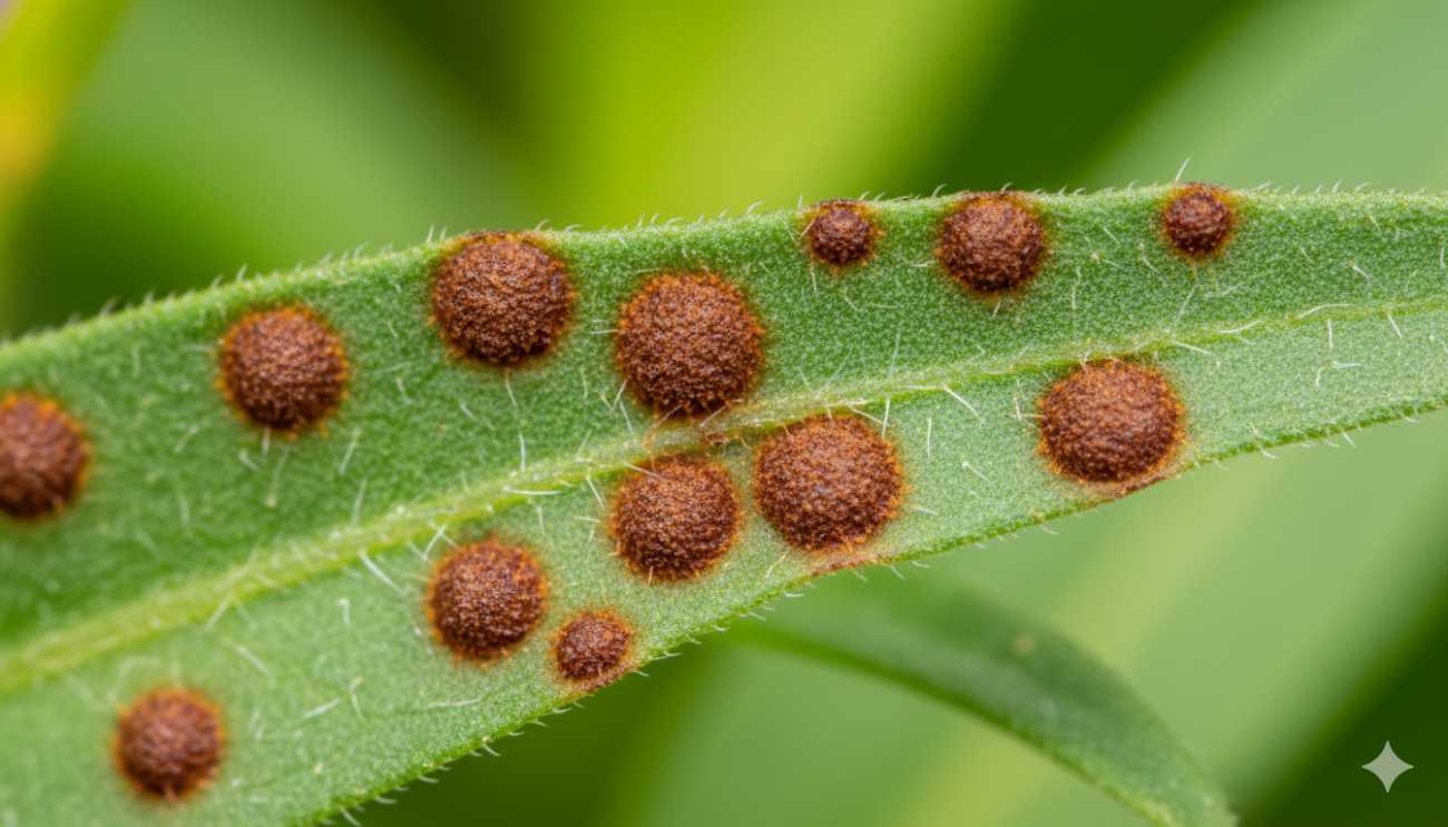 Detalle macro de la Roya en el envés de una hoja de boca de dragón, mostrando las pústulas de color marrón óxido