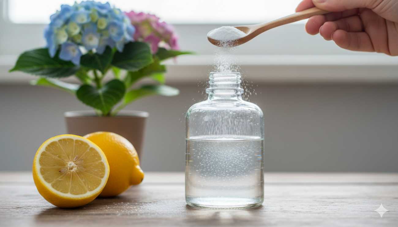 Preparación de un fungicida casero mezclando bicarbonato de sodio y agua para proteger las plantas.