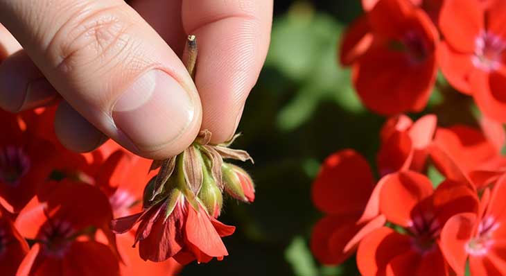 Primer plano de la técnica de "deadheading" o pinzado de una flor de geranio marchita para estimular una nueva floración.