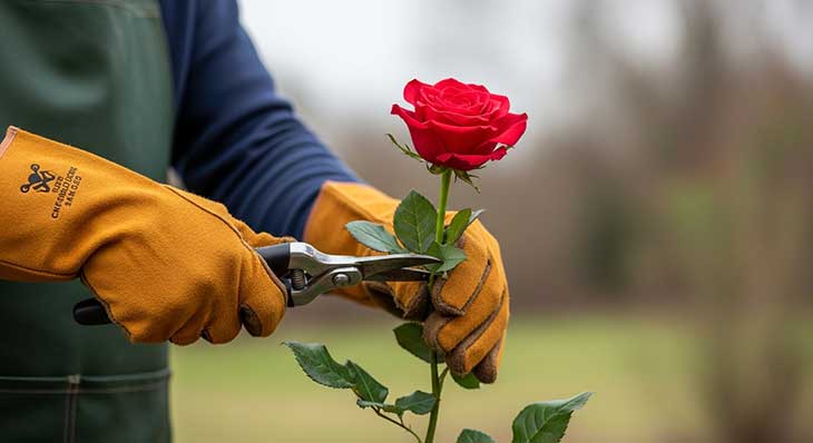 podando el rosal con tijeras