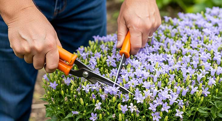 Manos de un jardinero podando una mata de Campanula portenschlagiana con cizallas para fomentar un nuevo crecimiento.