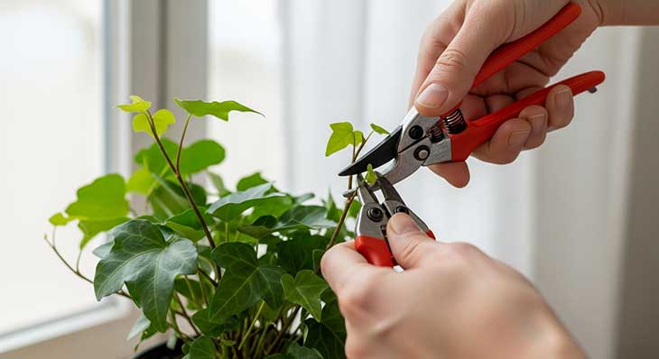 Manos de un jardinero realizando una poda de pinzado en un tallo de hiedra de interior para fomentar un crecimiento más compacto.