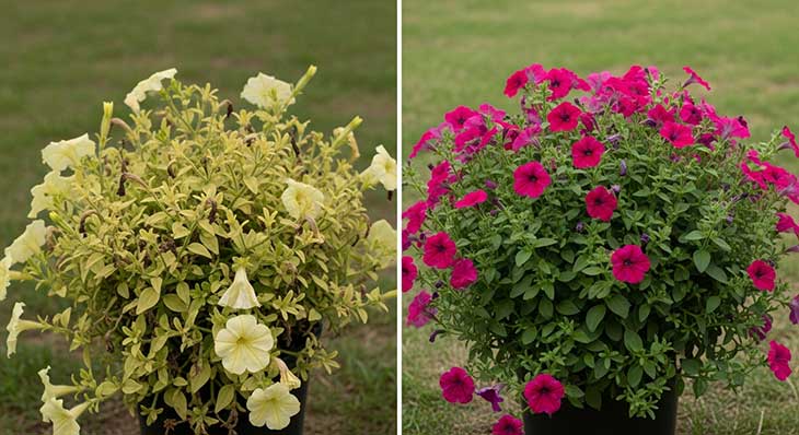 Comparativa de una petunia antes y después de fertilizar: a la izquierda, con hojas amarillas, y a la derecha, exuberante y llena de flores.