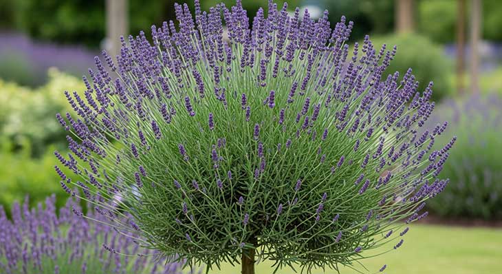 Un arbusto de lavanda maduro y saludable, perfectamente podado en una forma de montículo compacto y denso, mostrando su follaje plateado.