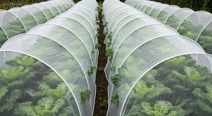 Hilera de coles ornamentales en un huerto, protegidas bajo una malla anti-insectos para prevenir la plaga del gusano del repollo