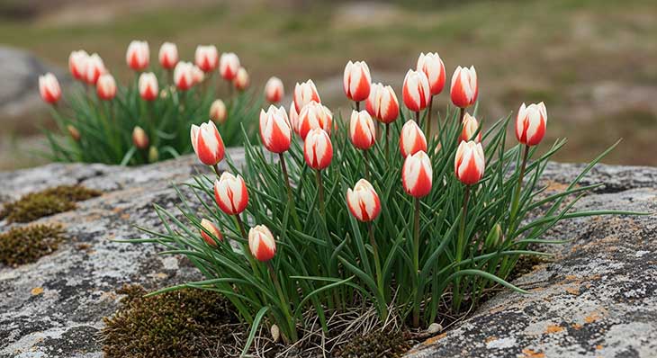 Primer plano de tulipanes botánicos (Tulipa tarda) de color amarillo y blanco naturalizados y creciendo de forma silvestre en una pradera.