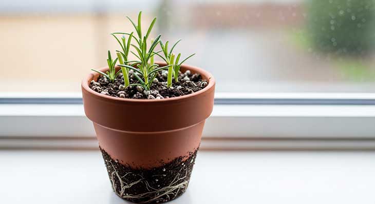 Varios esquejes de romero plantados en una maceta de terracota con sustrato drenante, en un lugar luminoso para su correcto enraizamiento.