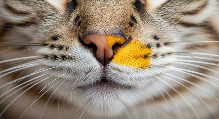 Primer plano de la nariz de un gato manchada con polen de lirio amarillo, una de las principales causas de intoxicación mortal en felinos.