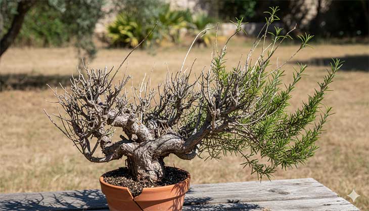 Un arbusto de romero viejo y leñoso con una base despoblada, mostrando el resultado de no realizar una poda anual correcta.