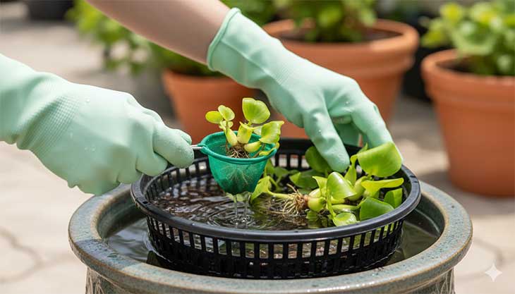 Manos de un jardinero retirando el exceso de plantas de Jacinto de Agua de un estanque para controlar su población y mantener el equilibrio.
