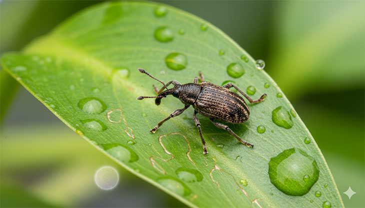 Primer plano de un gorgojo del Jacinto de Agua (Neochetina), el principal agente de control biológico, sobre una hoja de la planta invasora.