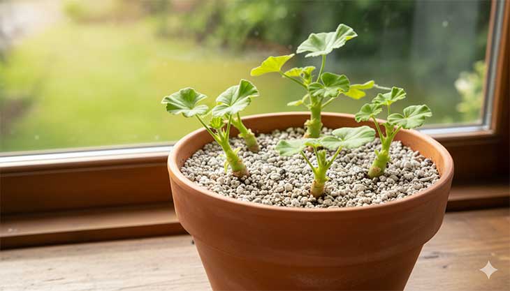 Varios esquejes de geranio plantados en una maceta de terracota con sustrato drenante para su enraizamiento en un lugar luminoso.