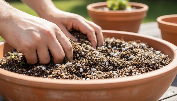 Primer plano de manos mezclando un sustrato poroso con perlita, ideal para el cultivo de romero en maceta y asegurar un buen drenaje.