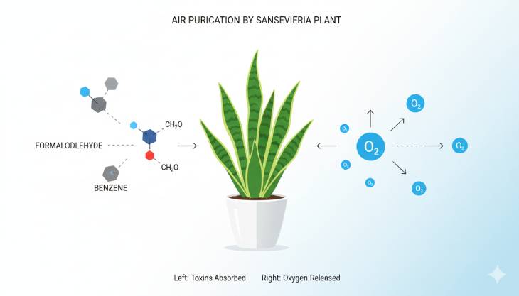 Infografía que explica visualmente cómo la Lengua de Suegra purifica el aire, absorbiendo toxinas y liberando oxígeno.
