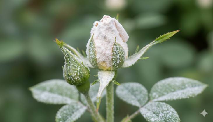 Primer plano de un capullo de rosa y sus hojas cubiertas por una capa de polvo blanco, síntoma característico del oídio en rosales.