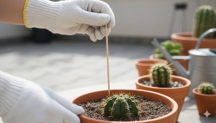 Mano utilizando un palillo de madera para comprobar la sequedad del sustrato de un cactus, un método eficaz para saber cuándo regar.
