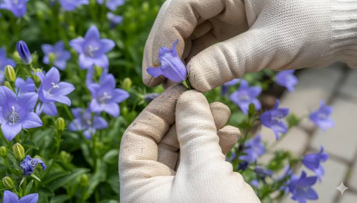 Primer plano de una mano realizando el "deadheading" o pinzado de una flor marchita de Campanula carpatica para prolongar la floración.
