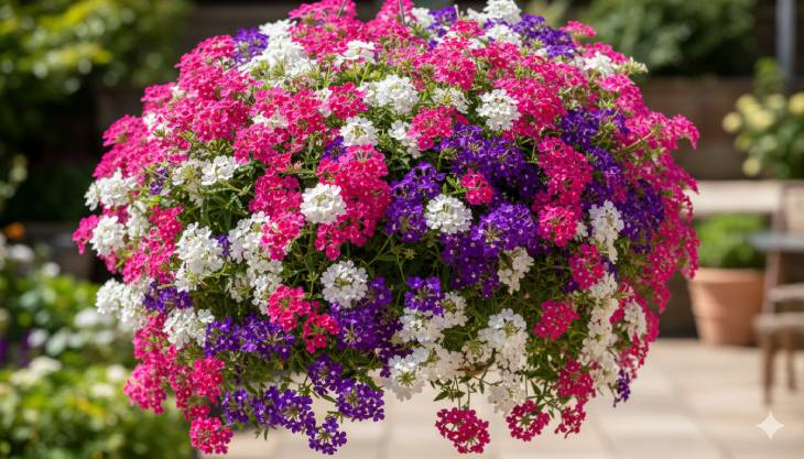 Cesta colgante llena de Verbena híbrida rastrera de varios colores, mostrando su hábito de crecimiento ideal para contenedores.