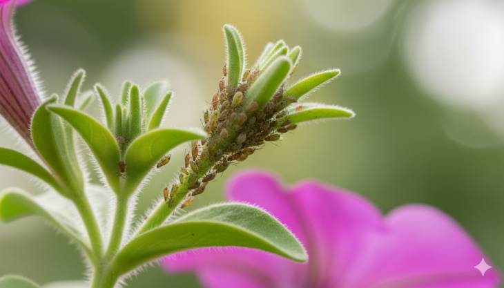 Primer plano de una infestación de pulgones en un brote tierno de una planta de petunia.