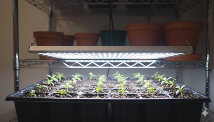 Plántulas jóvenes de Boca de Dragón creciendo compactas y sanas bajo una luz de cultivo LED en un semillero de interior.