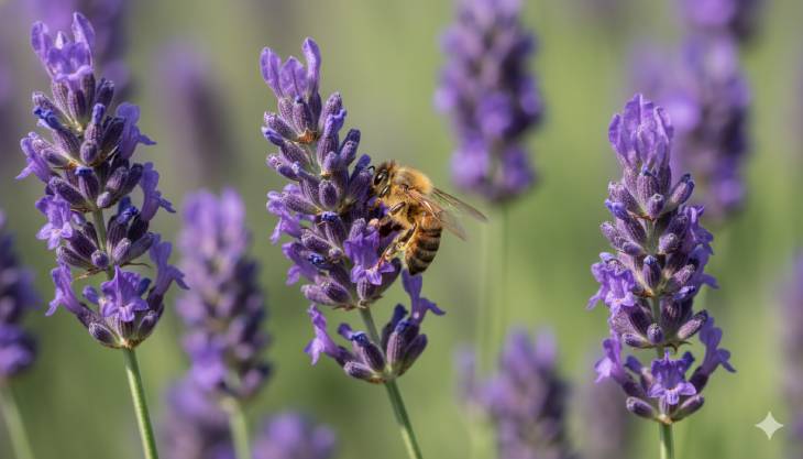 Primer plano de flores de Lavanda Inglesa de color púrpura oscuro, con una abeja recolectando néctar.