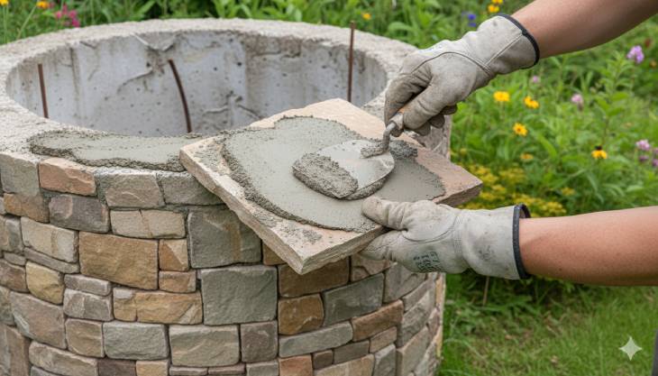 Proceso de revestimiento de un pozo de jardín, con un albañil aplicando mortero a una piedra natural antes de su colocación.