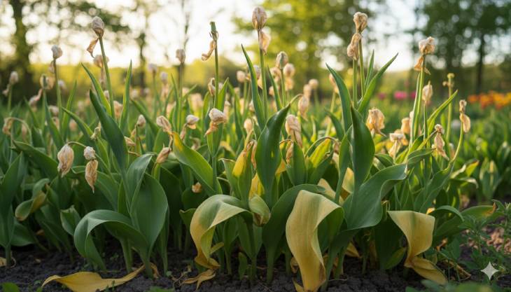 Follaje de tulipanes amarilleando de forma natural después de la floración, un paso crucial para la recarga del bulbo.
