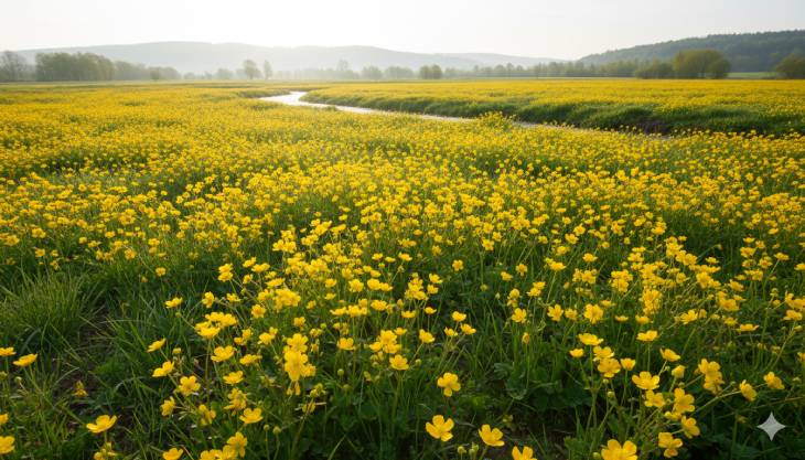 Prado de primavera cubierto por una alfombra de flores amarillas de Botón de Oro, ilustrando su crecimiento en masa en hábitats húmedos.