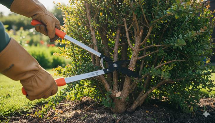Técnica de la poda de aclareo en un agracejo, cortando una caña vieja desde la base con podaderas de mango largo para rejuvenecer el arbusto.