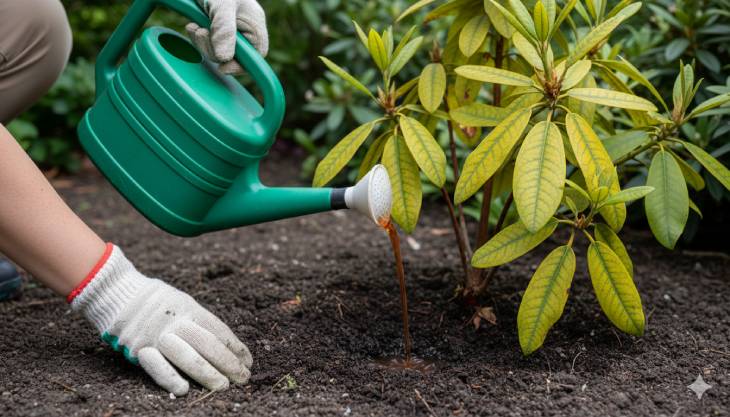Aplicación de quelato de hierro en el riego de un Rododendro para tratar la clorosis y las hojas amarillas.