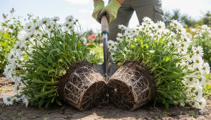Proceso de división de una mata de margaritas con una pala, separando el cepellón en secciones para su propagación y rejuvenecimiento.